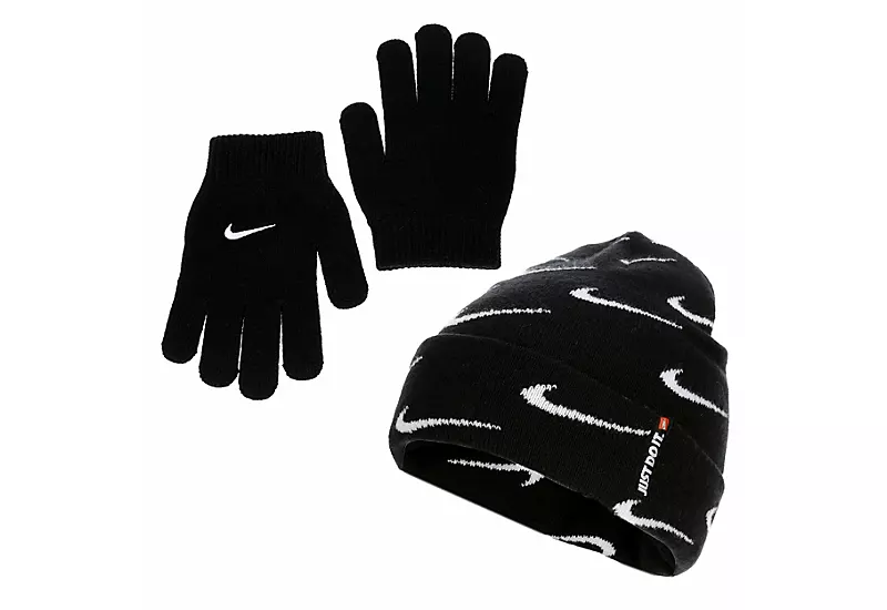 Nike Boys Swoosh All Over Print Roll Cuff Beanie Set - Black 1 Nike Boys Swoosh All Over Print Roll Cuff Beanie Set - Black
