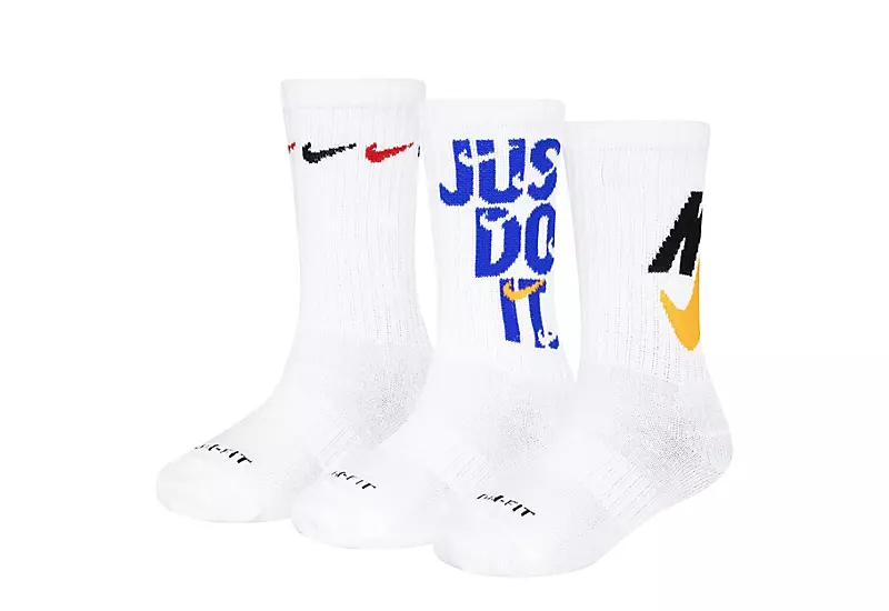 Nike Boys Graphic Crew Socks 3 Pairs - White 1 Nike Boys Graphic Crew Socks 3 Pairs - White